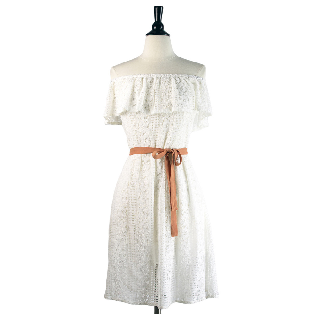 Frock Shop | White Tiered Lace Off Shoulder Dress with Sash